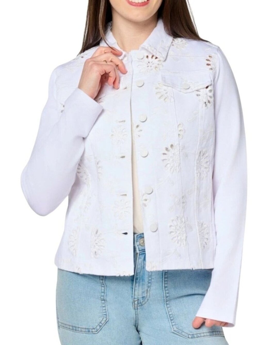 NWOT Belle By Kim Gravel Women's M White Embroidered Button-Front Denim Jacket